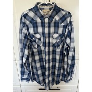 Coastal Men Button Up Shirt XL Blue Plaid Western Pearl Snap Long Sleeve Collar